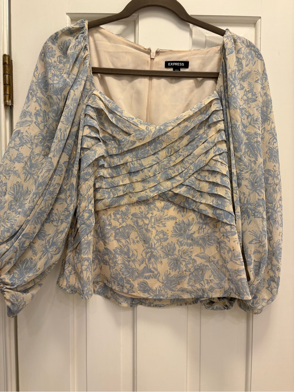 Express Cream and Light Blue Floral Ruffle-Front Blouse